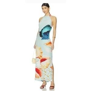 Muma World Murex Mist Vega Silk Dress Shell Print Halter Draped Back Maxi Blue L